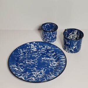 Vintage Plate and mugs Blue White Speckled Enamel 3 pcs Enamelware Camping RV